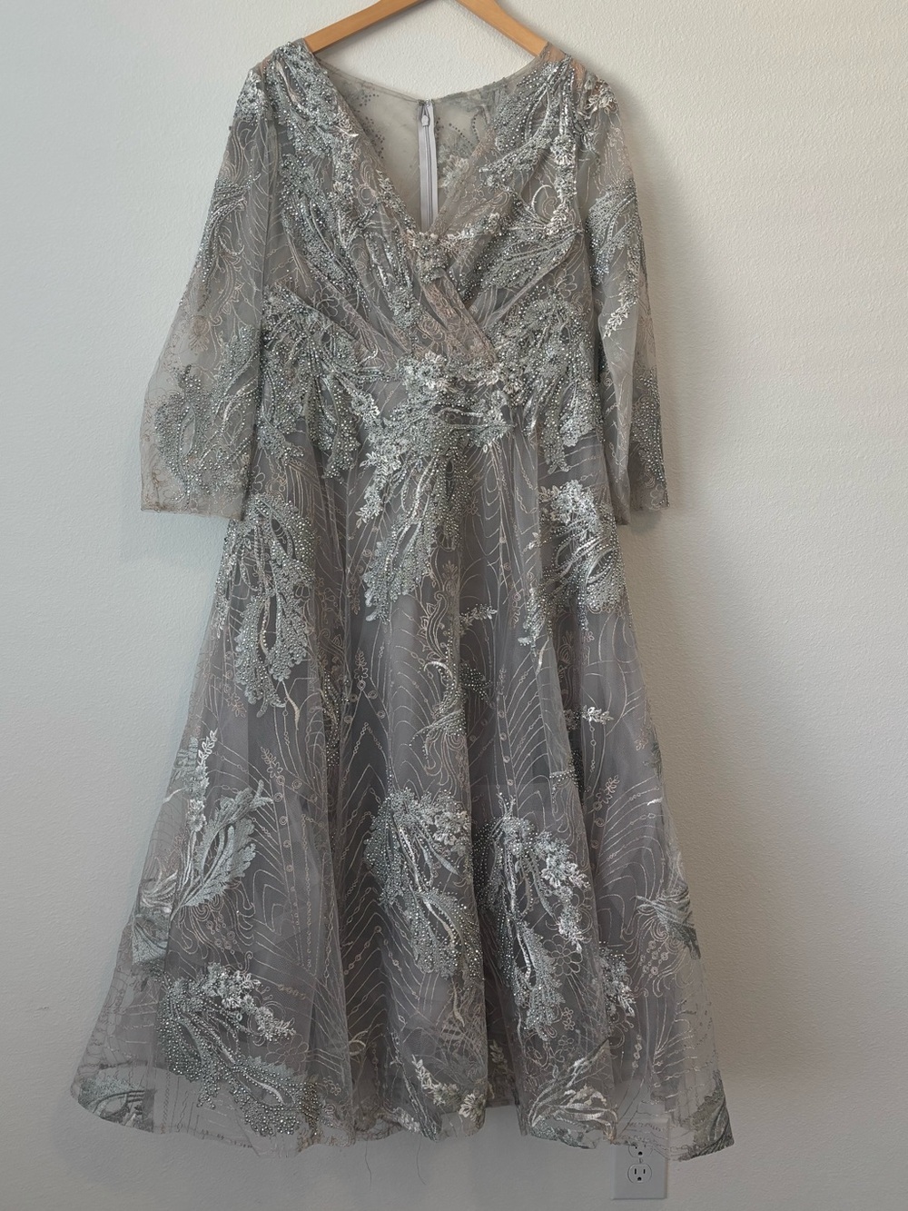 Mac Duggal Embellished Wrap Over 3/4 Sleeve Midi Dress, Style #20336 NWT